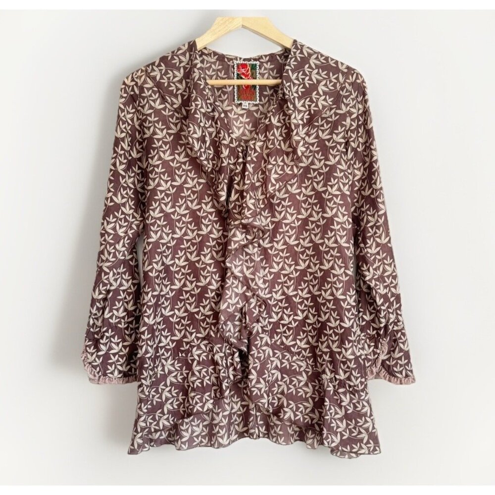 Johnny Was Silk Floral Brown Button Up Tunic Top Size XS Velvet Ruffle Sleeves
